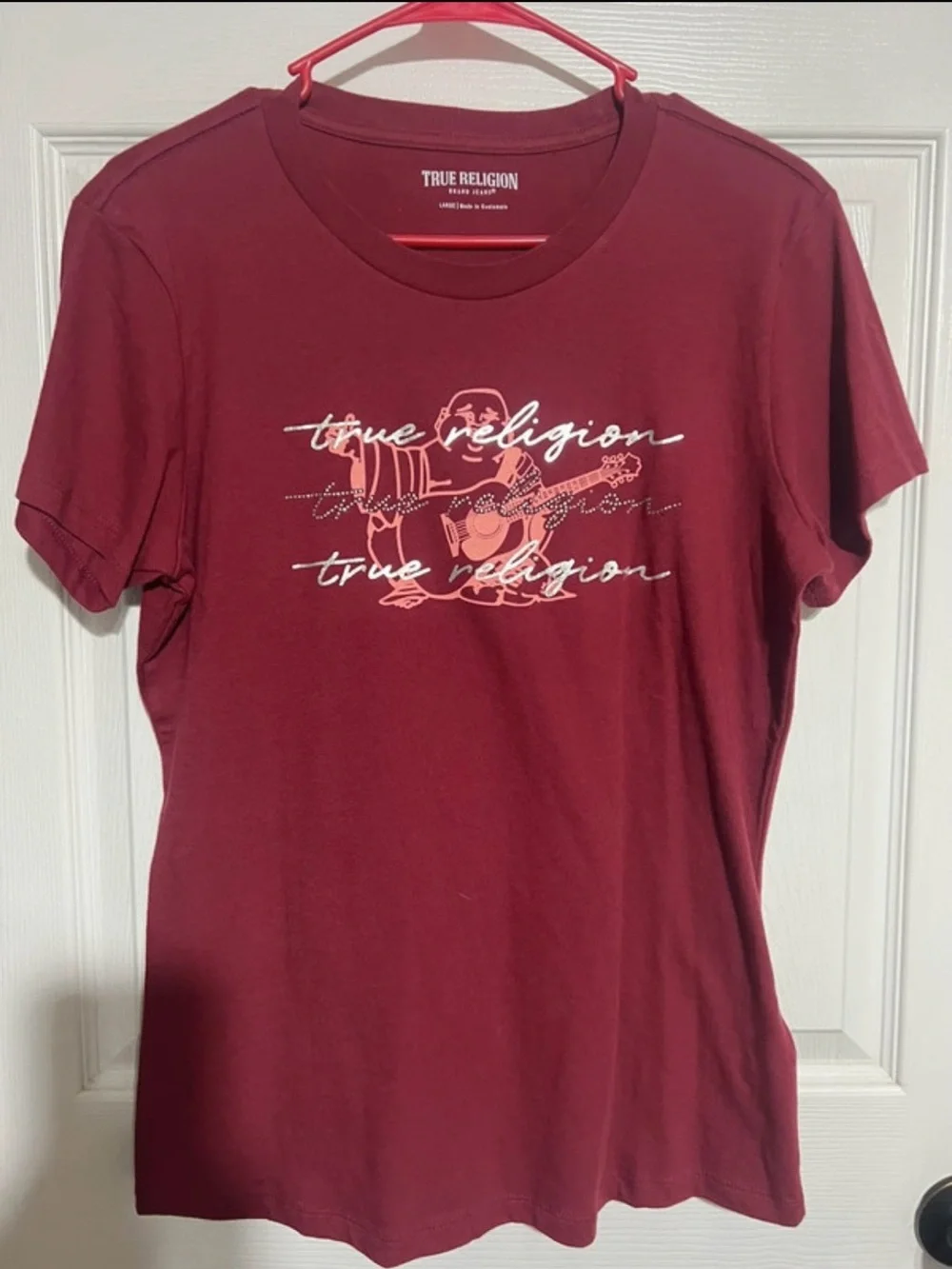 True Religion Women's Short Sleeve Graphic Tee - Burgundy with White Logo